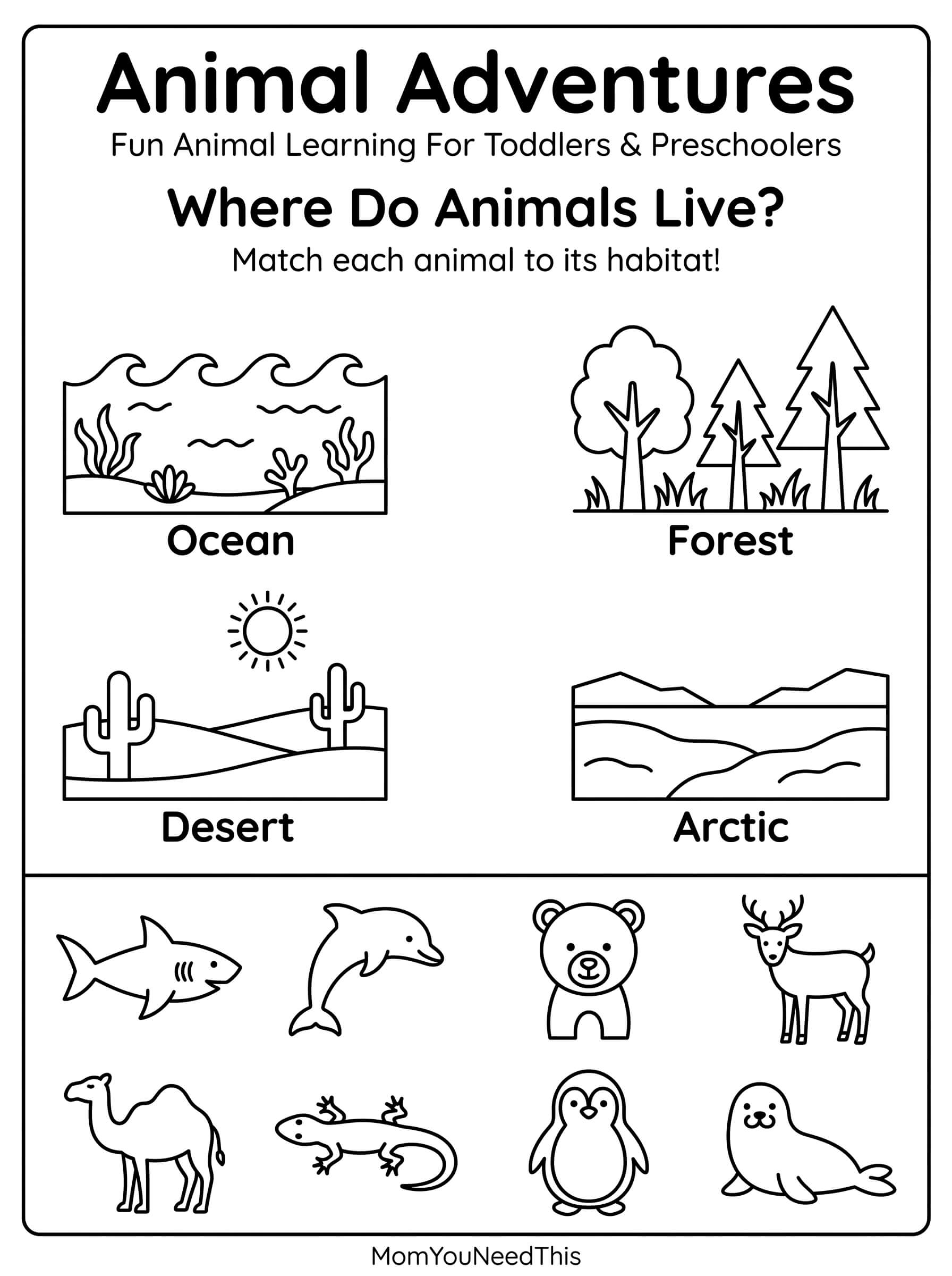 Free printable animal habitats chart for kids