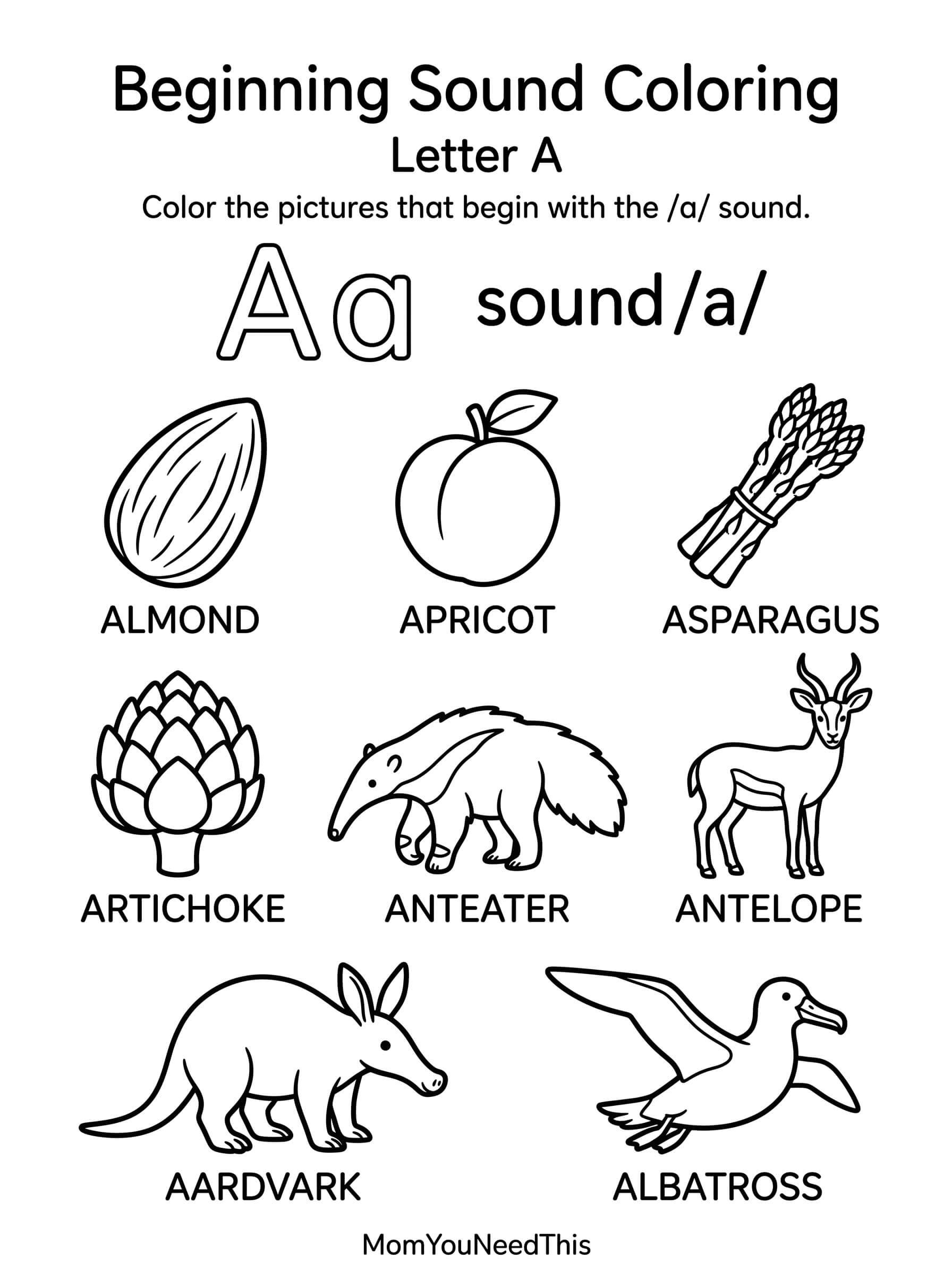 Free Letter A beginning sound coloring printable