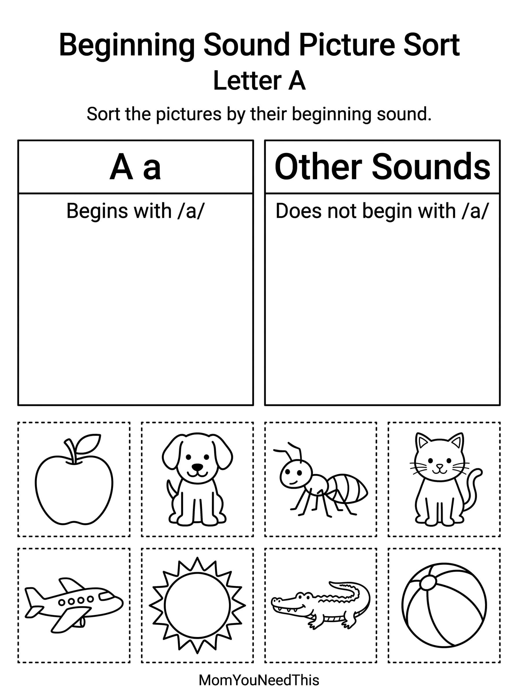 Free Letter A beginning sound sorting printable