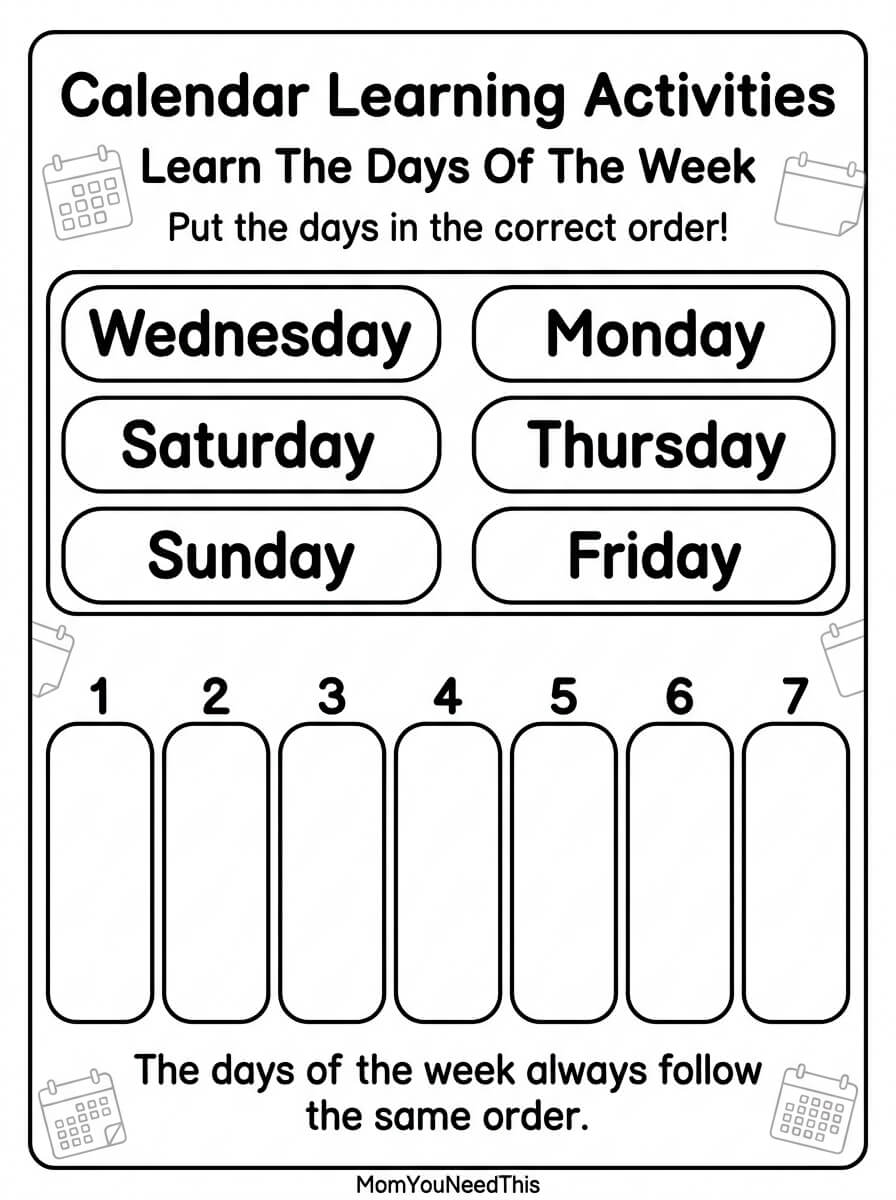 Free printable days of the week activities for kids