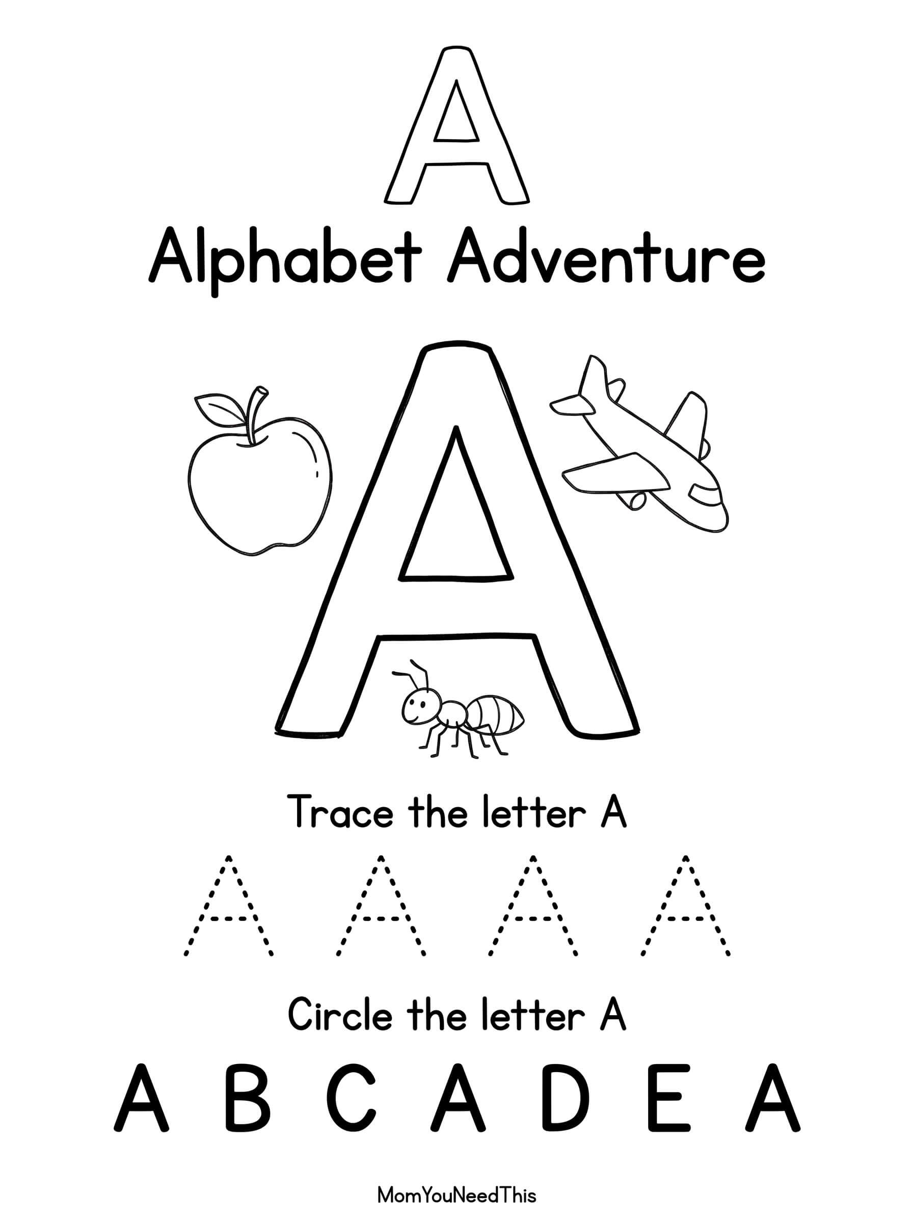 Letter A coloring page preview for toddlers