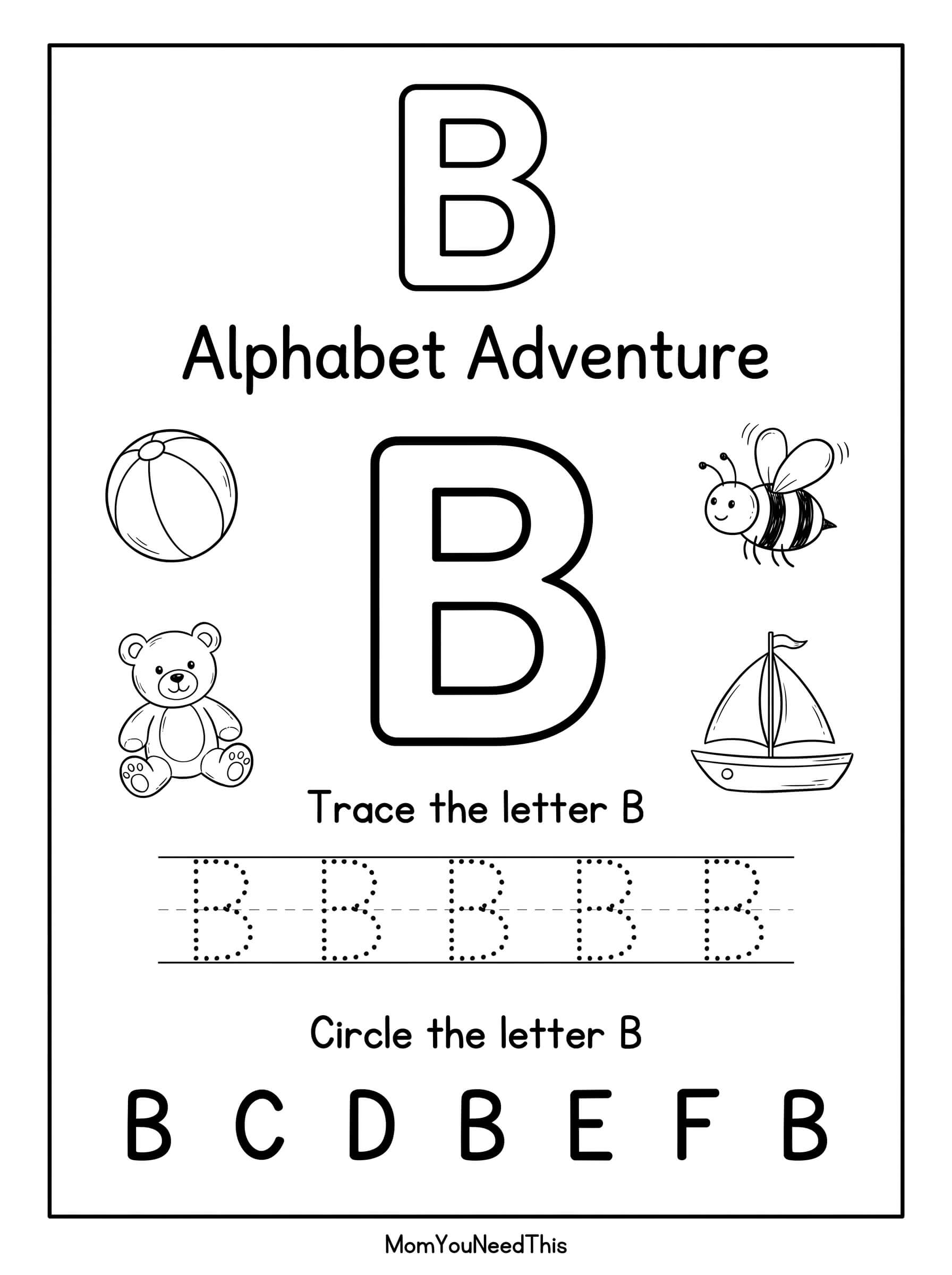 Letter B coloring page preview for toddlers