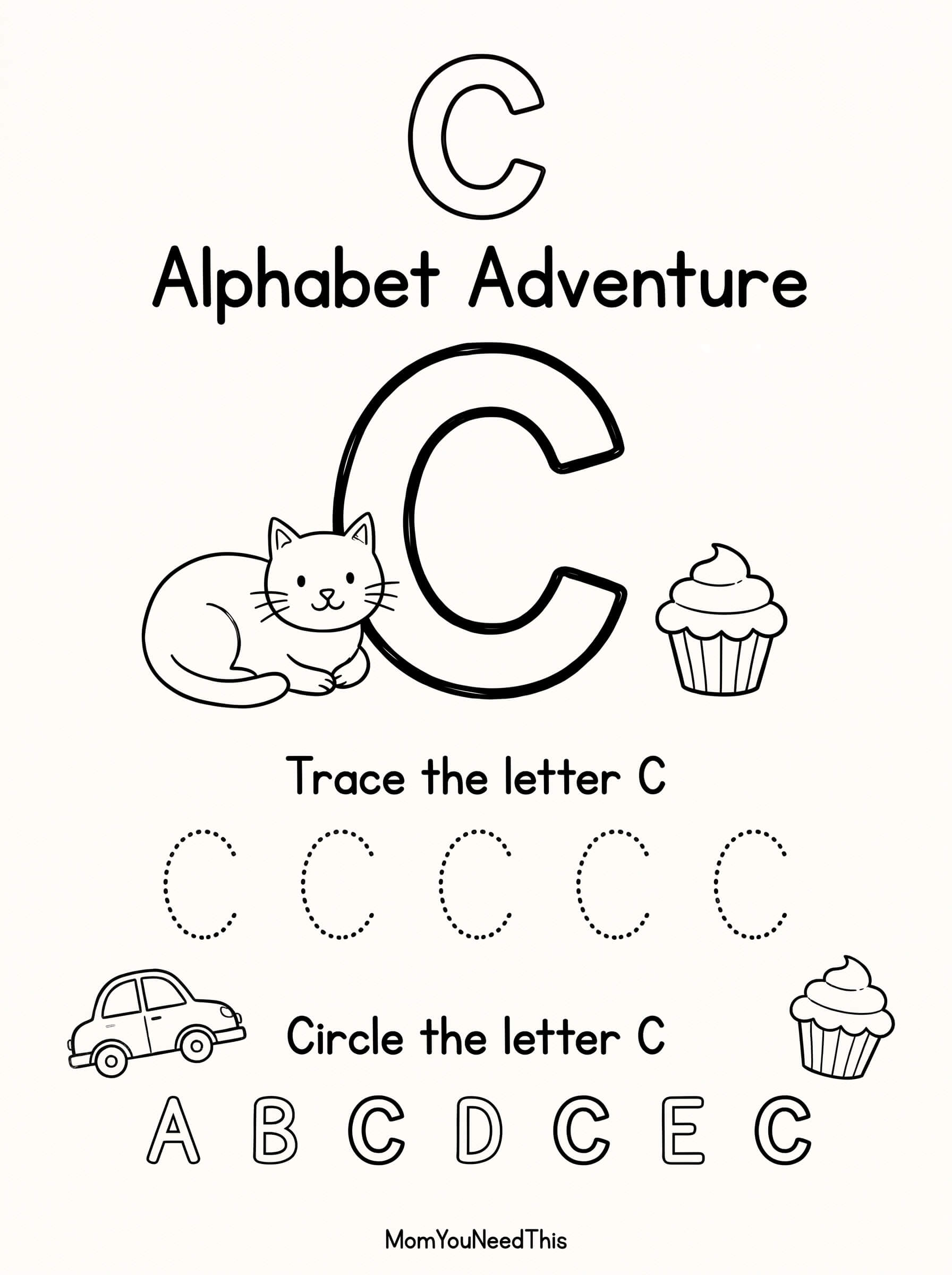 Letter C coloring page preview for toddlers