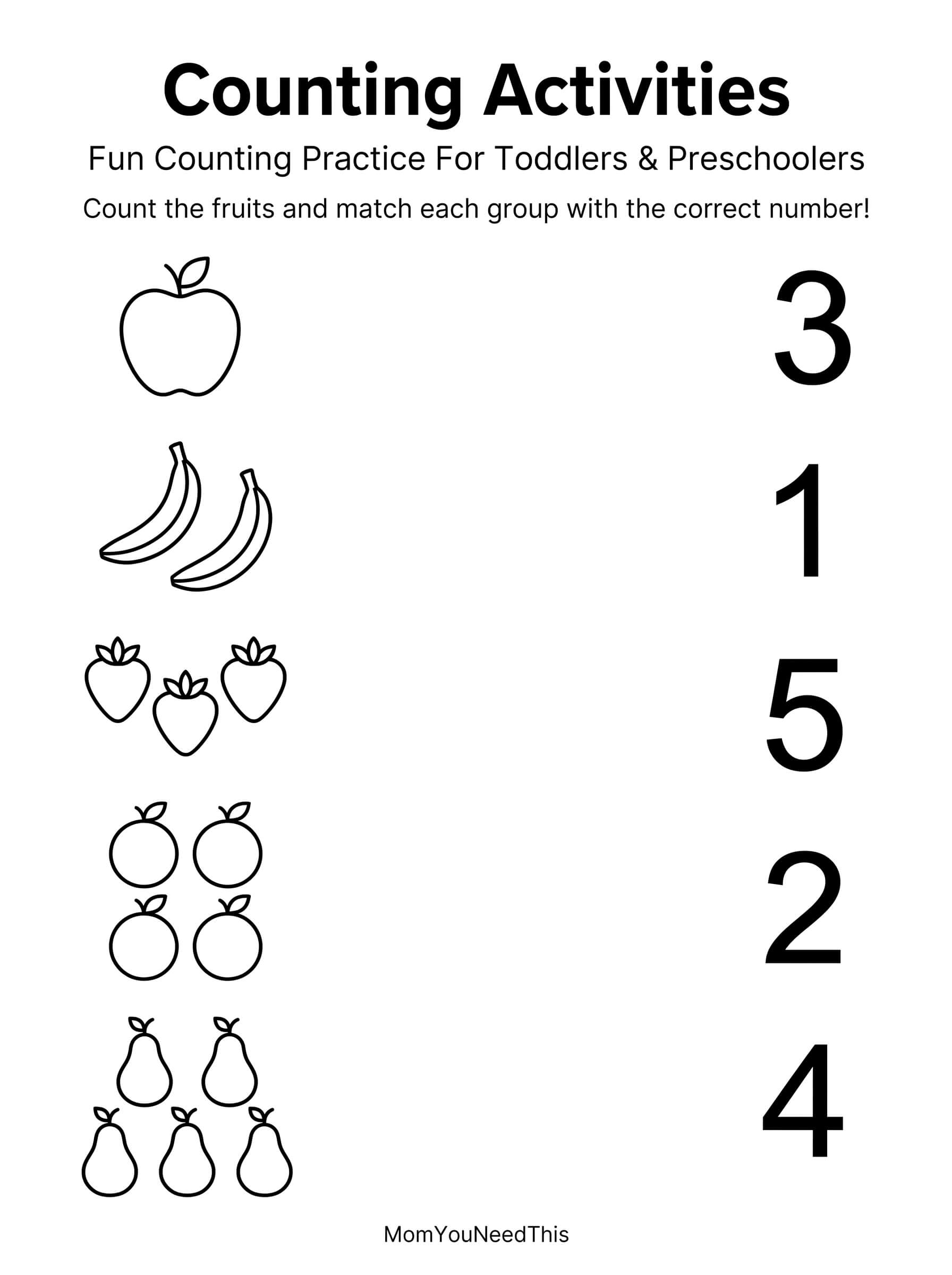 Free printable counting objects 1-5 activity for kids