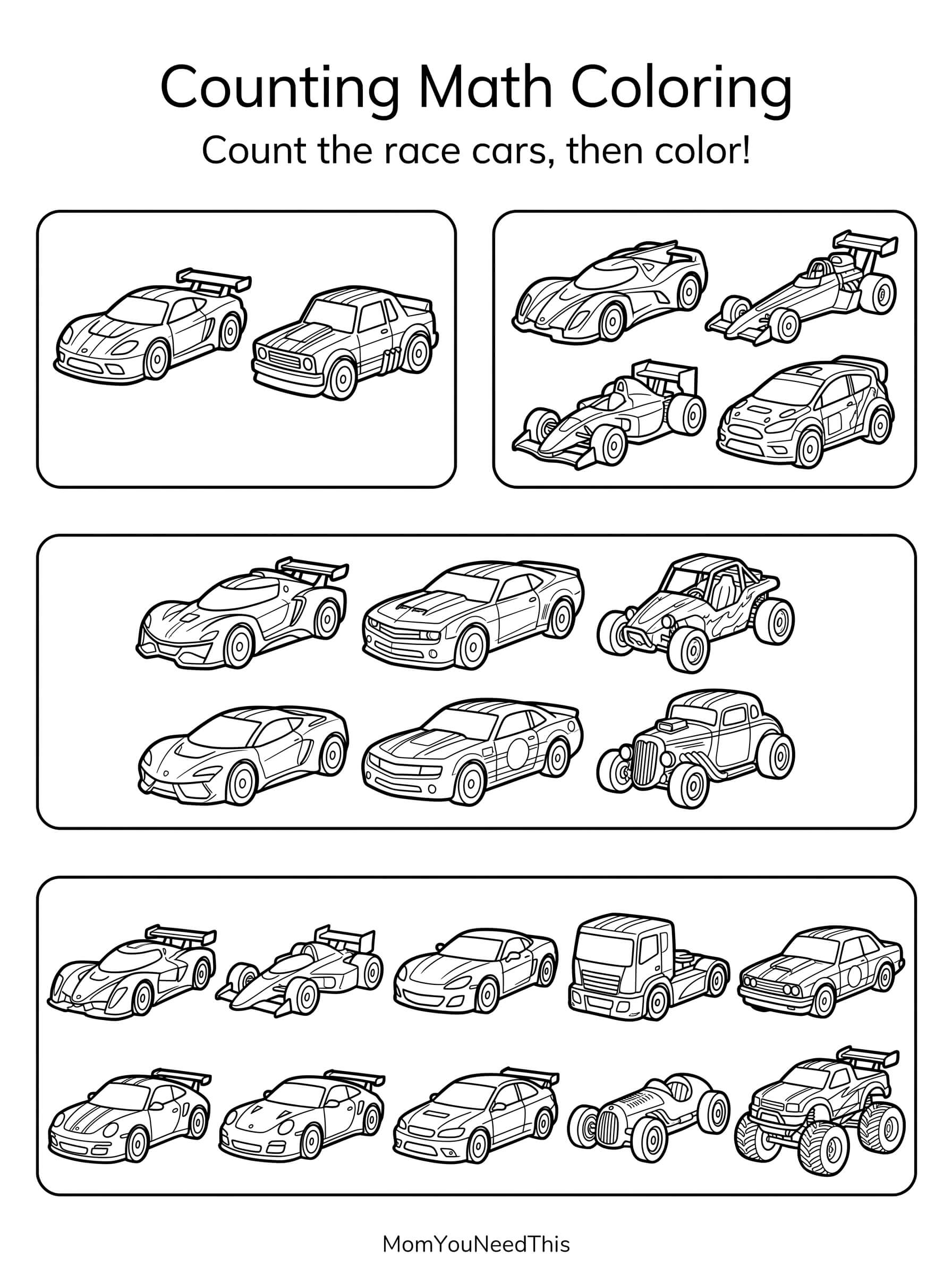 Free printable counting math coloring: fast cars for kids