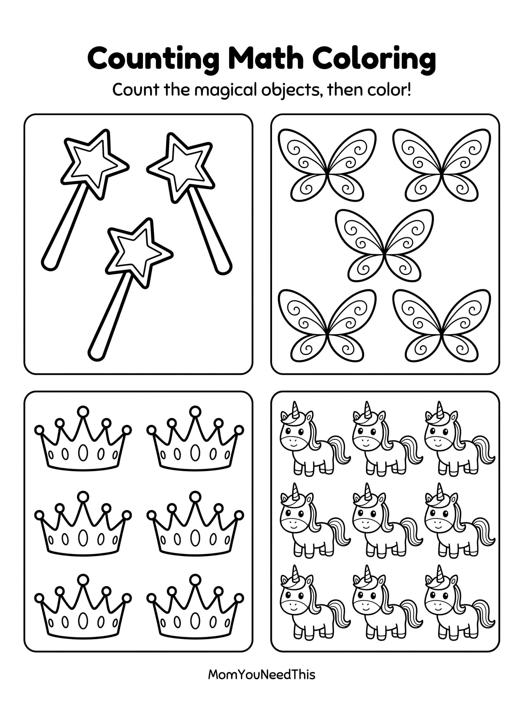 Free printable counting math coloring: magical fun for kids
