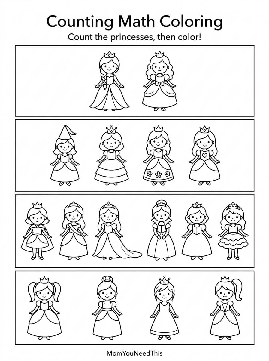 Free printable counting math coloring: princess for kids
