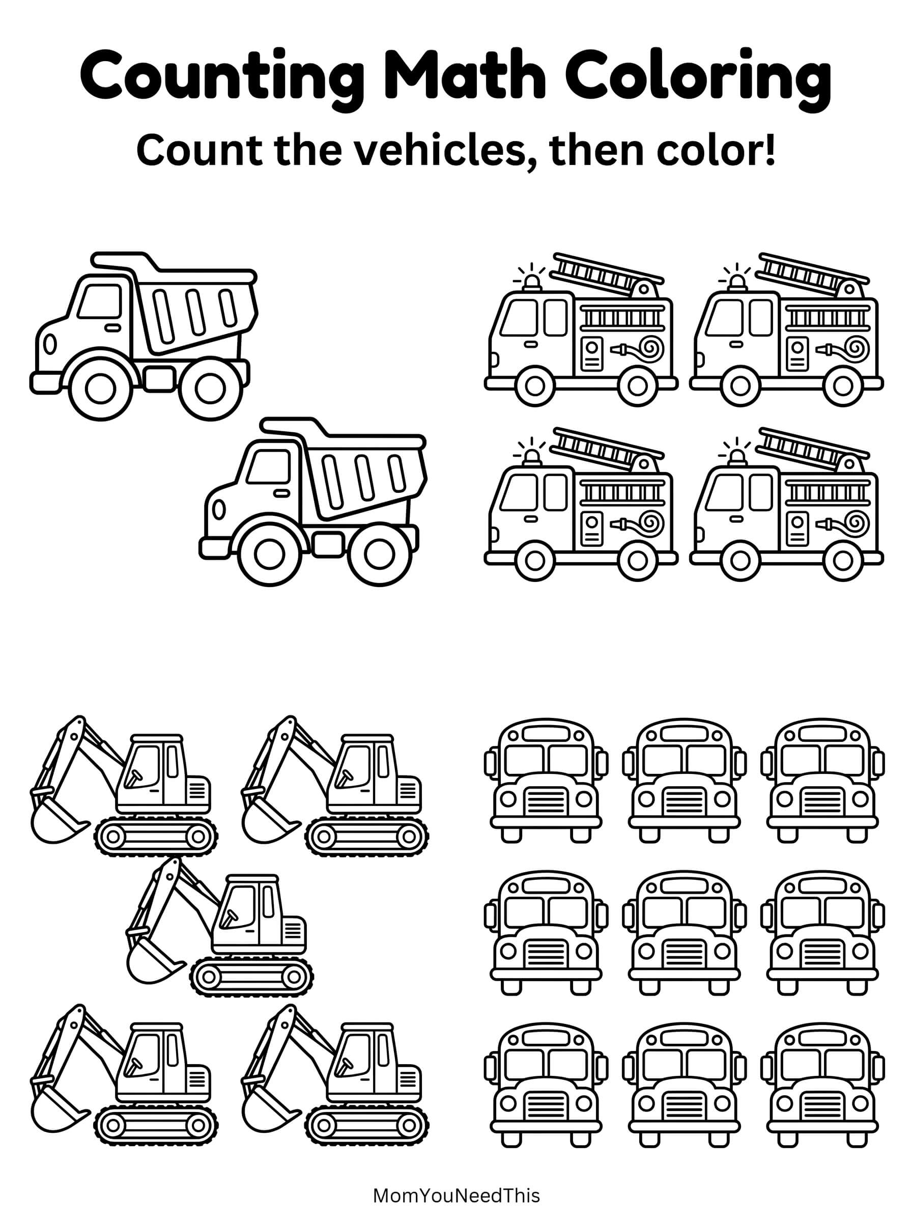 Free printable counting math coloring: vehicles for kids