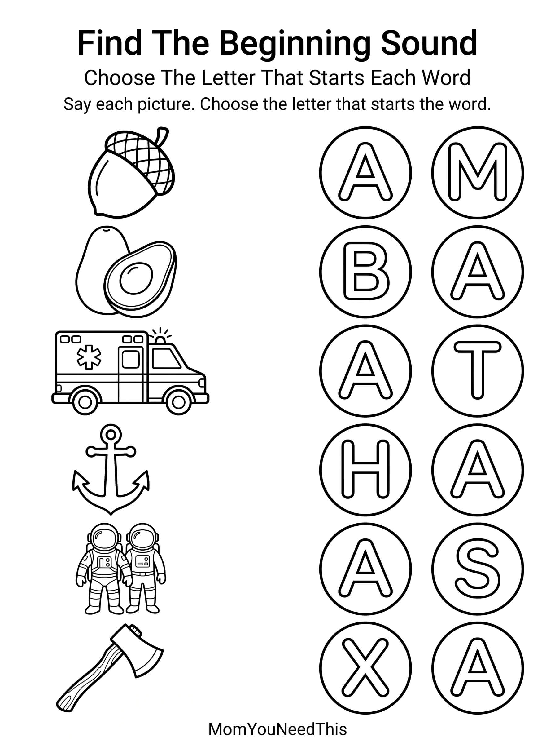 Free Letter A find the beginning sound printable
