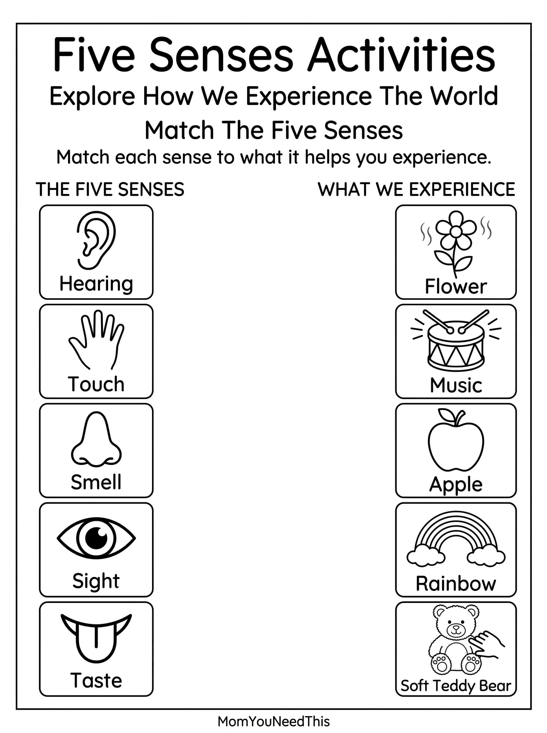 Free printable five senses matching activities for kids