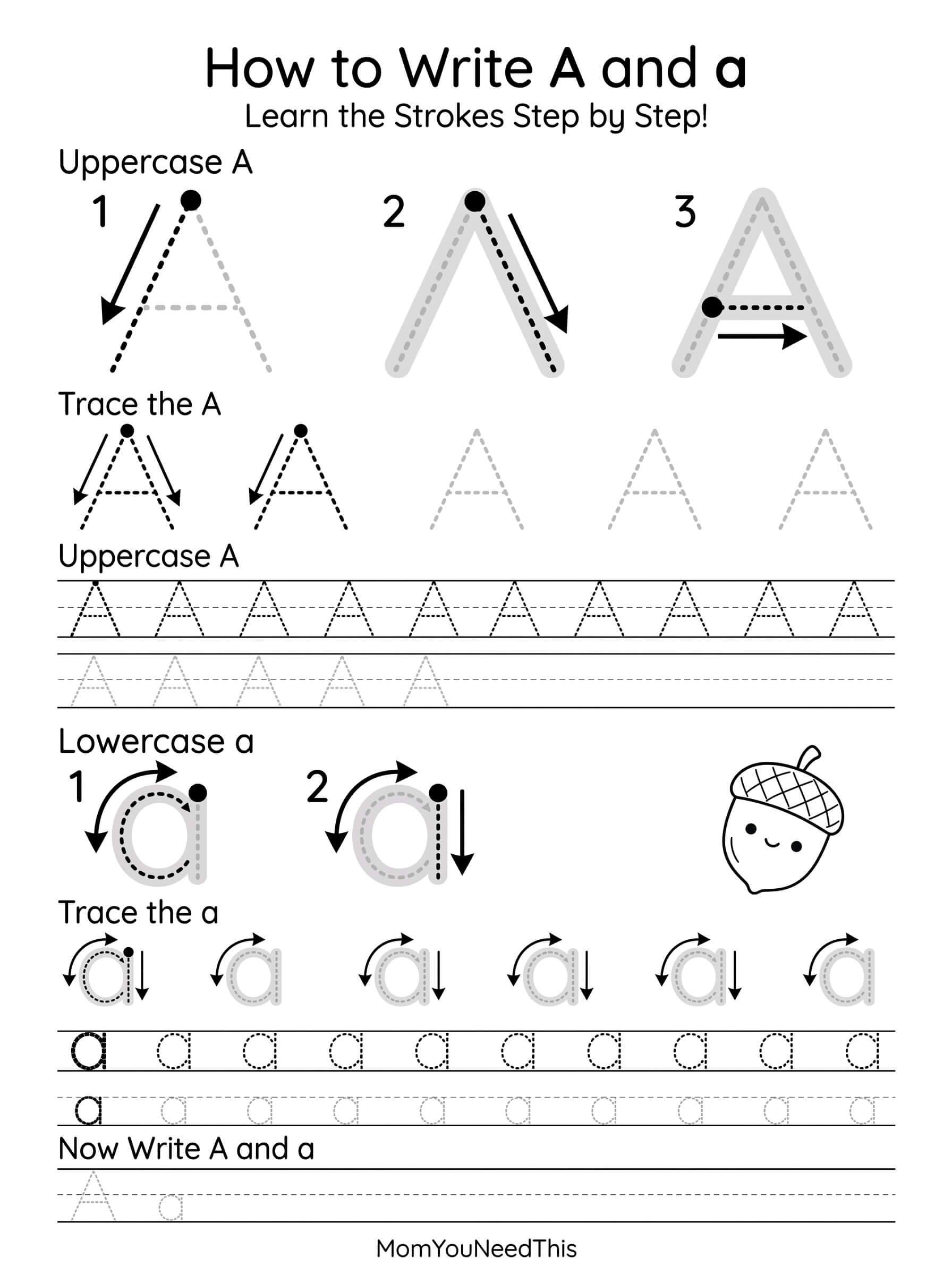 Free printable letter A formation practice worksheet for kids