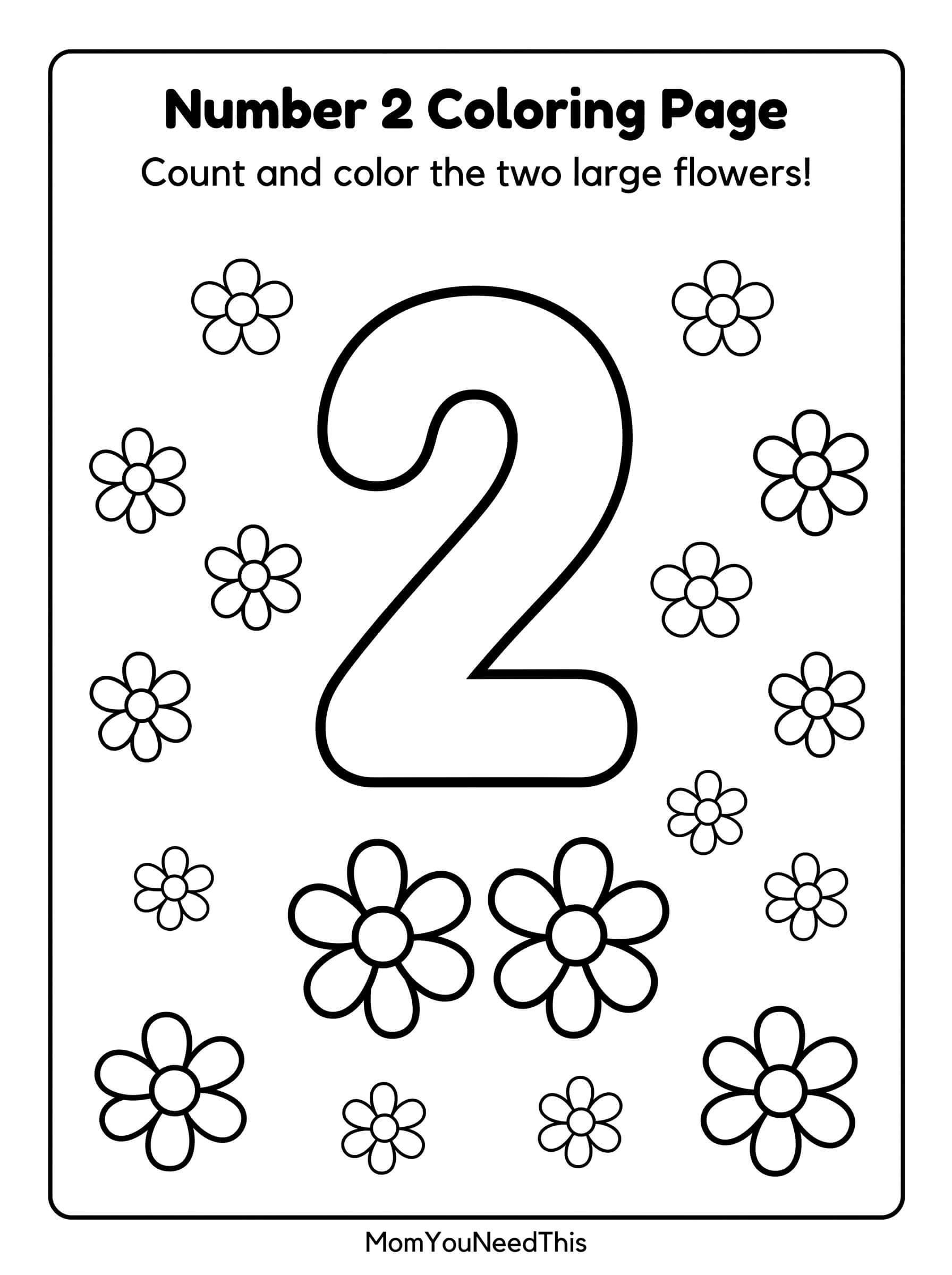 Free printable number 2 coloring page for kids