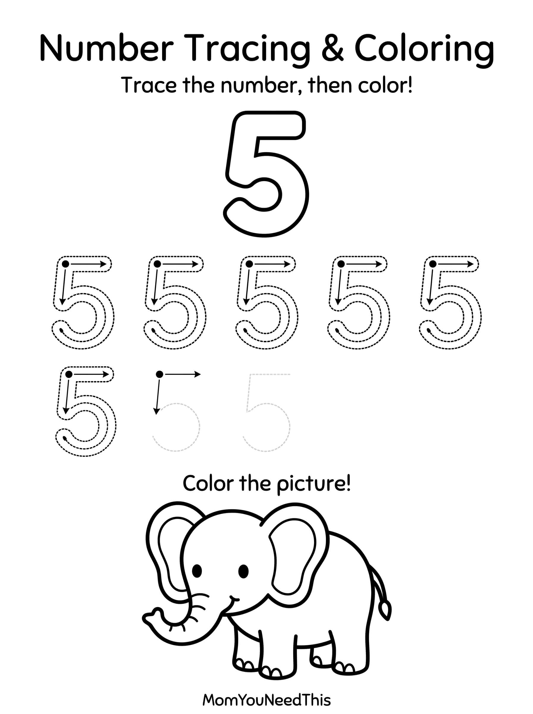 Free printable number 5 tracing page for kids