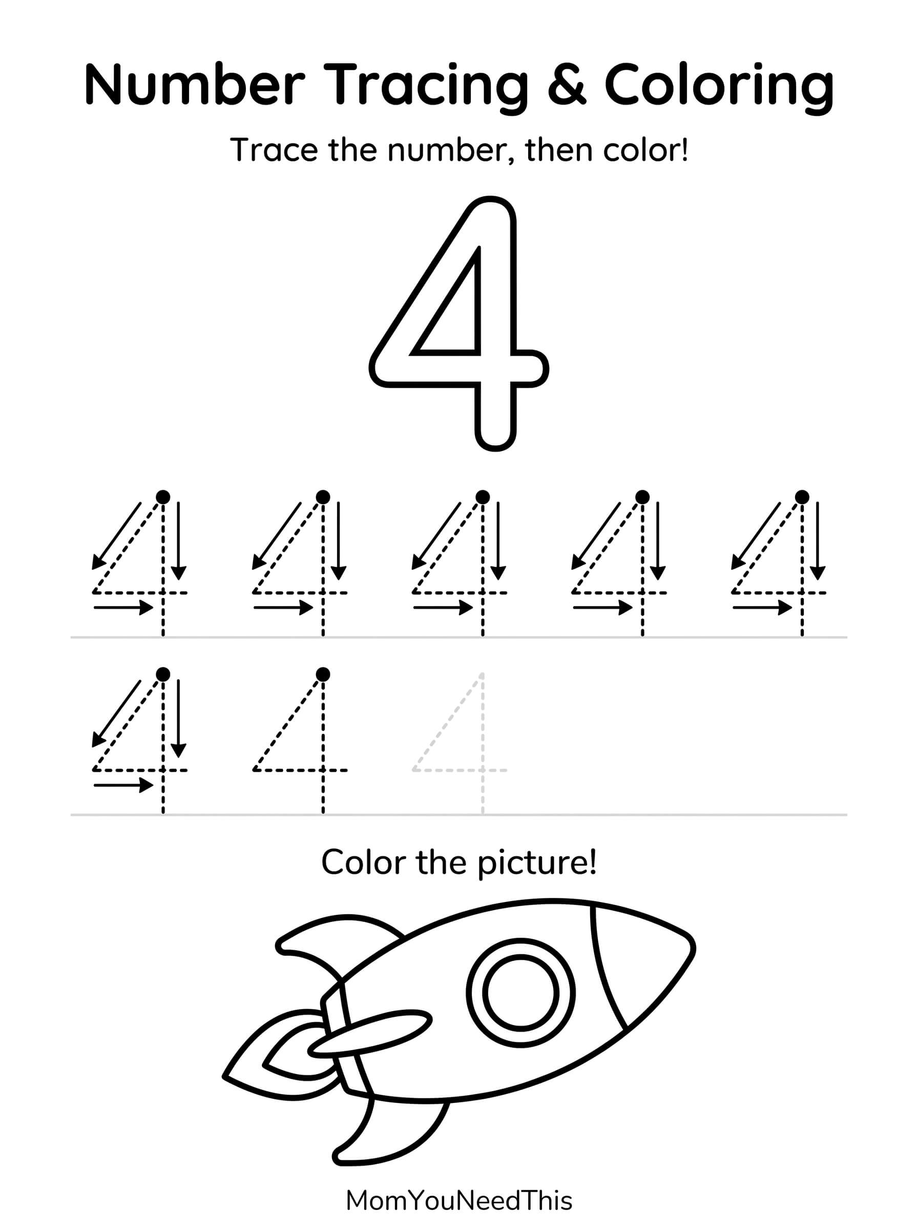 Free printable number 4 tracing page for kids