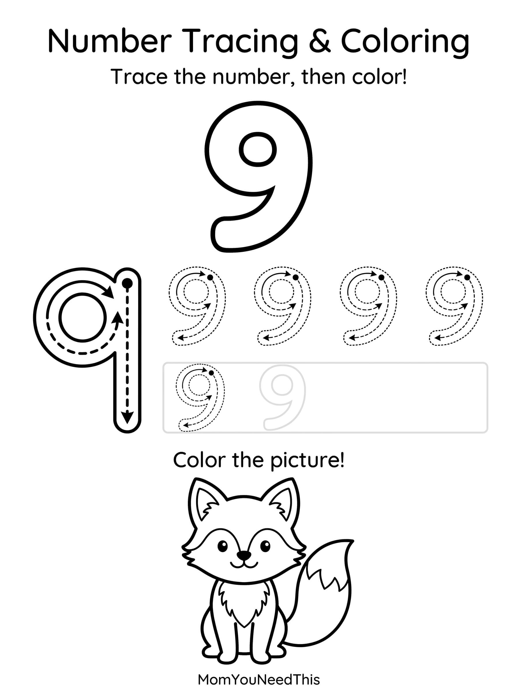 Free printable number 9 tracing page for kids