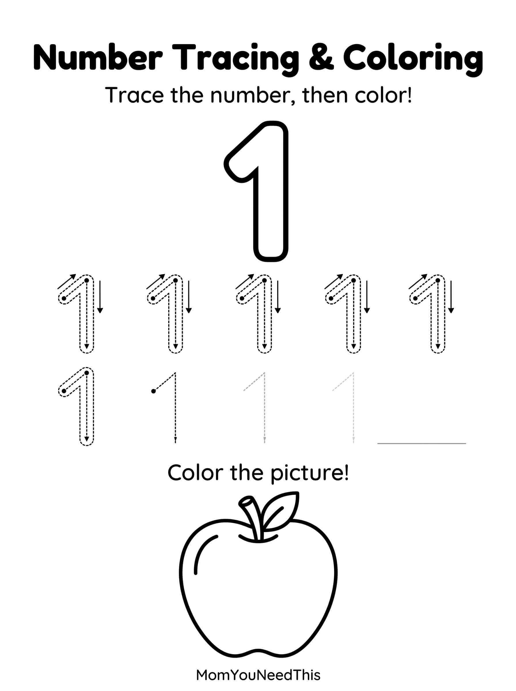 Free printable number 1 tracing page for kids