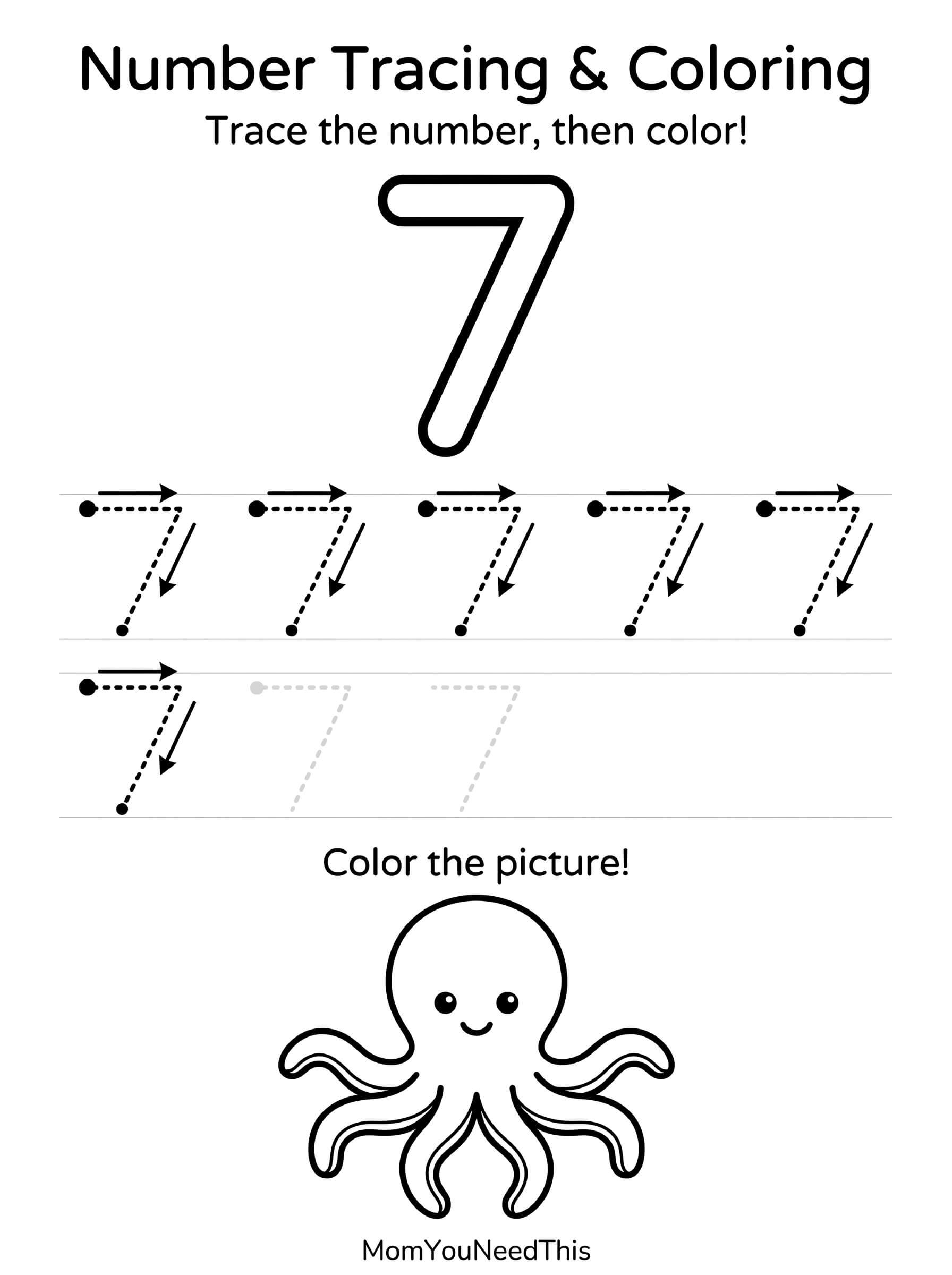 Free printable number 7 tracing page for kids