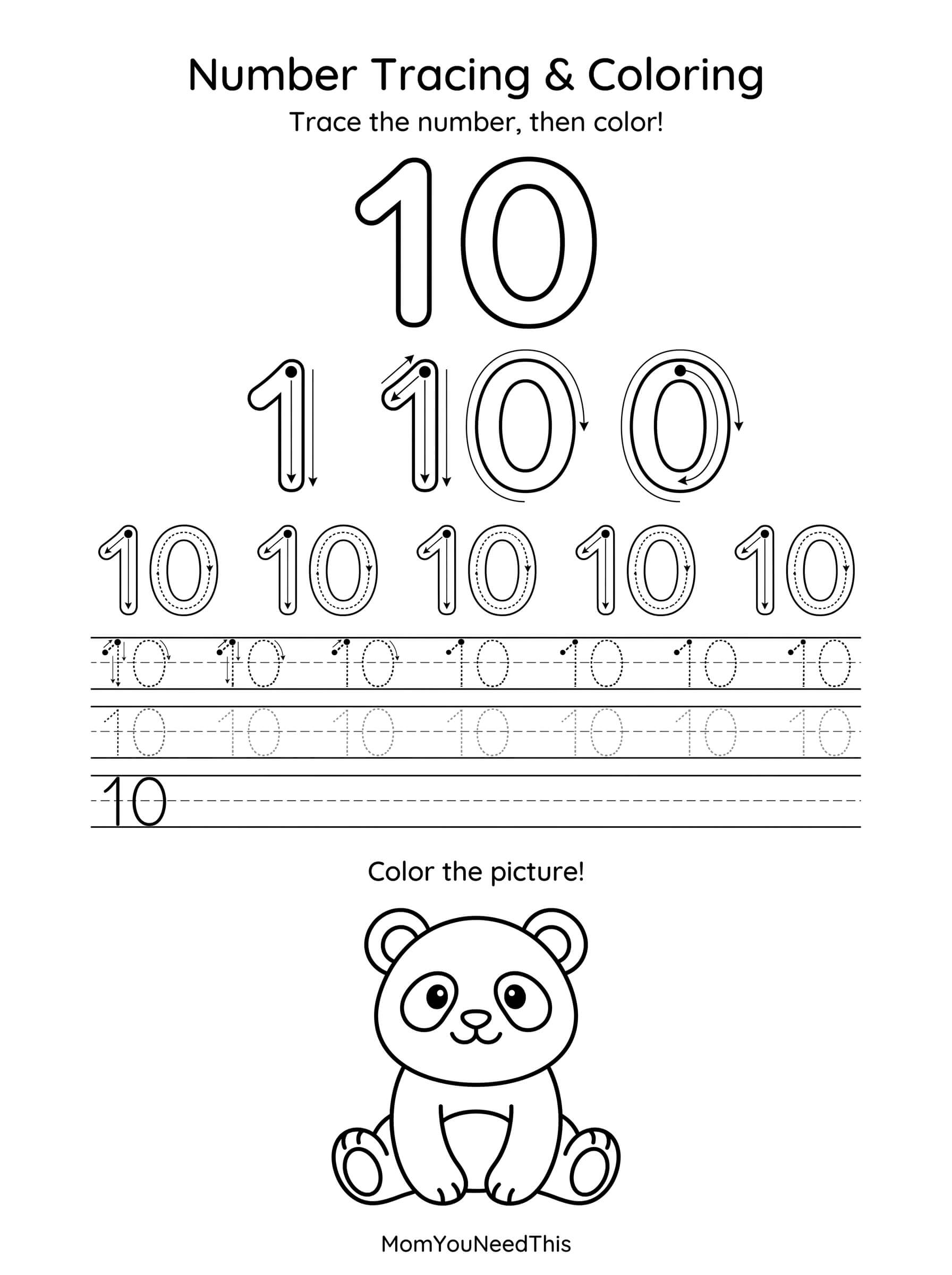 Free printable number 10 tracing page for kids