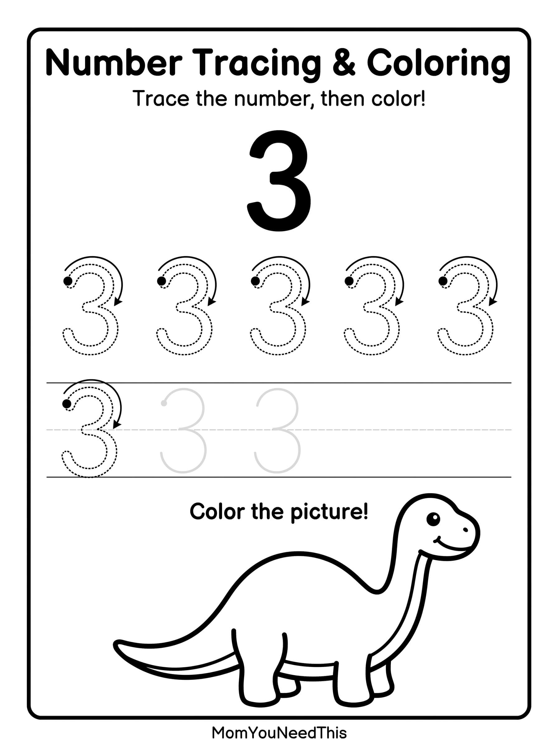 Free printable number 3 tracing page for kids