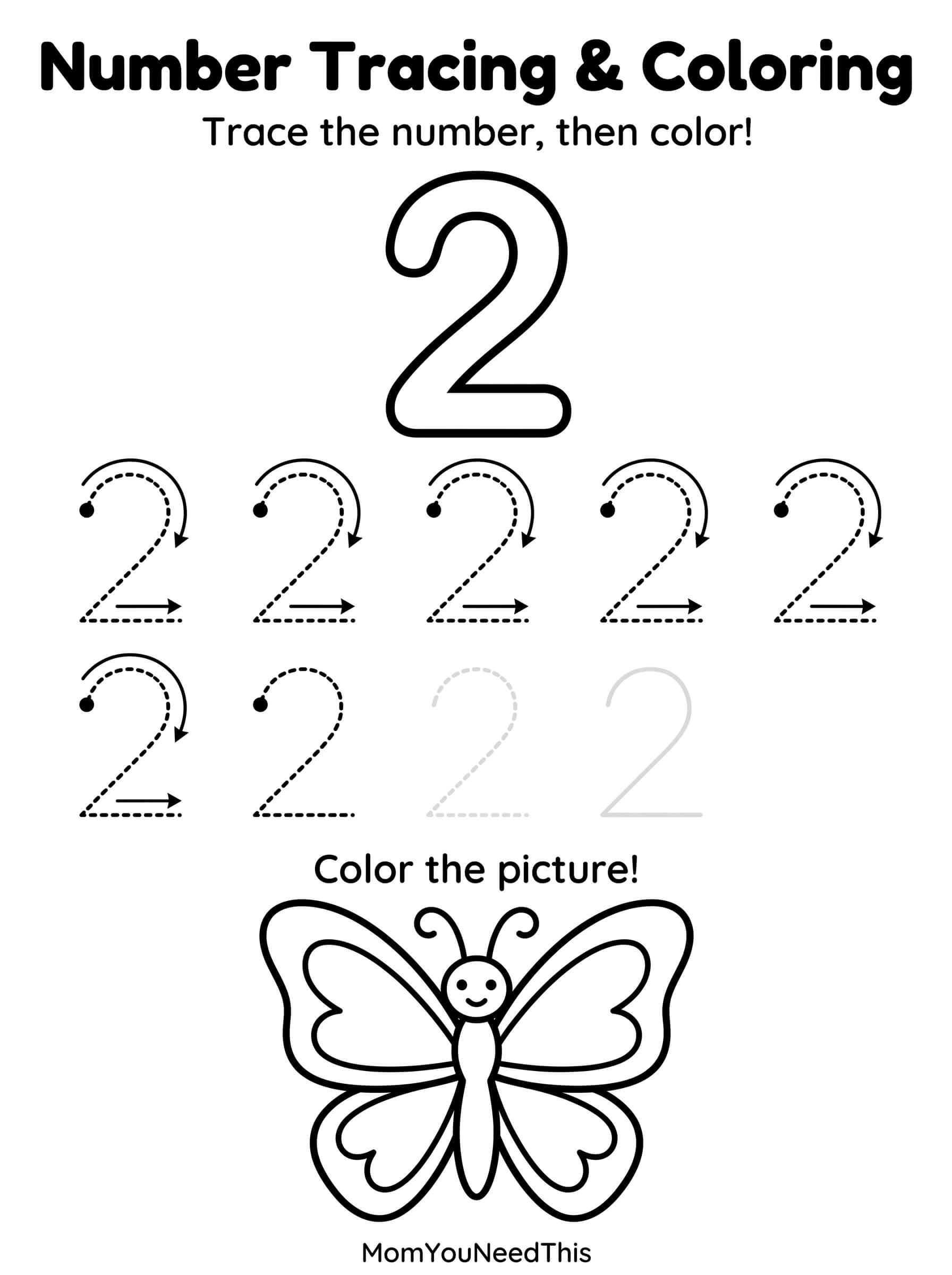 Free printable number 2 tracing page for kids
