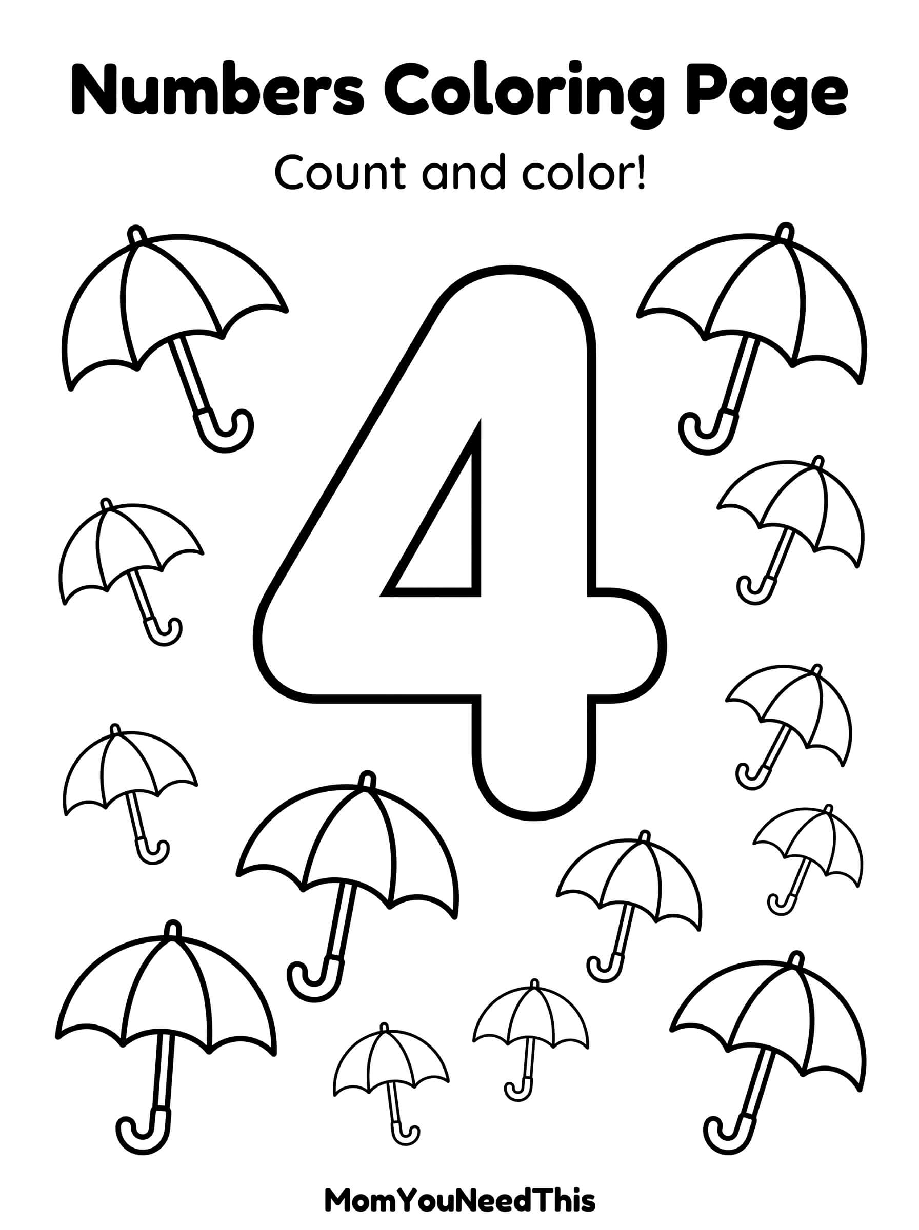 Free printable number 4 coloring page for kids