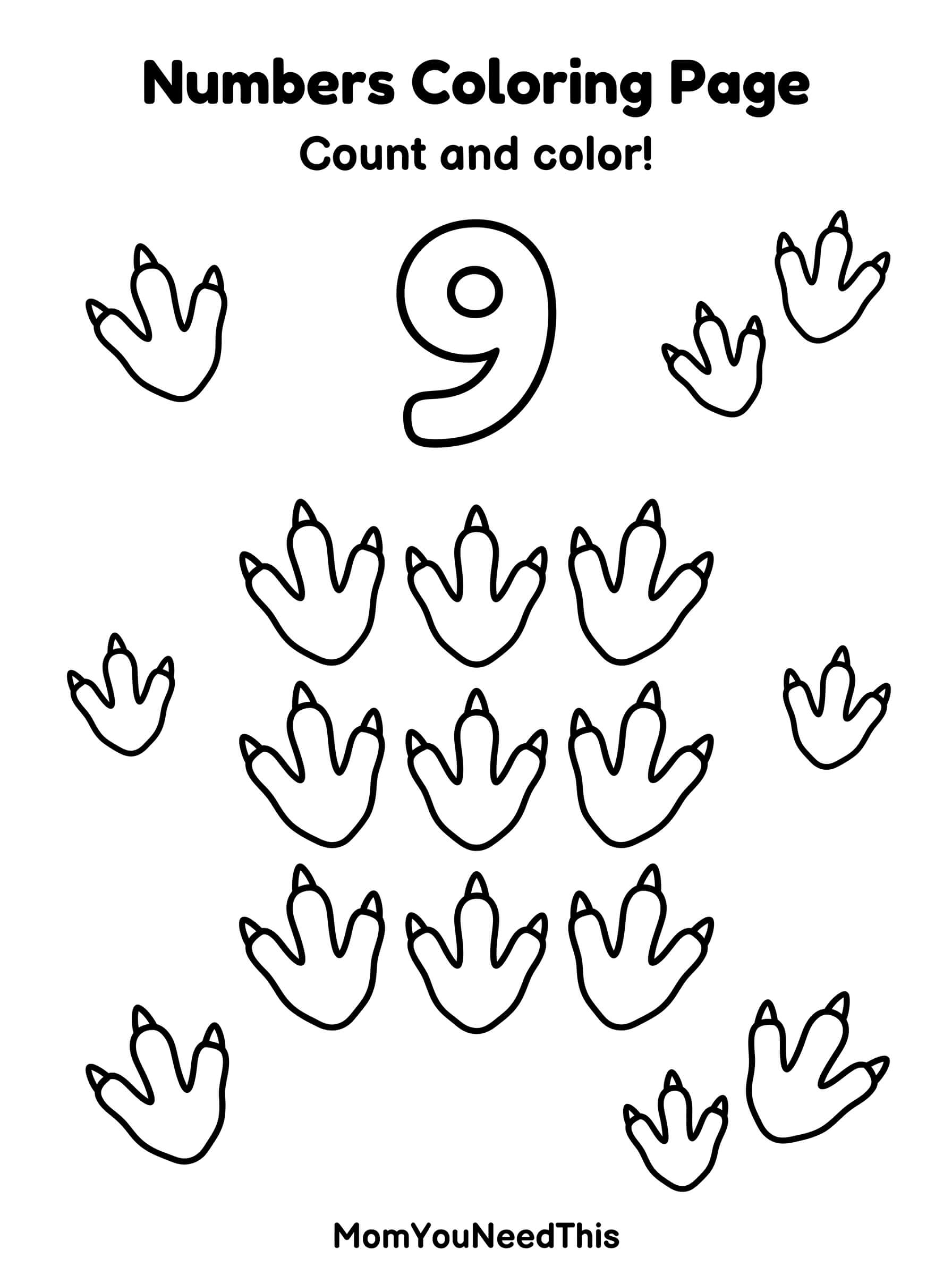 Free printable number 9 coloring page for kids