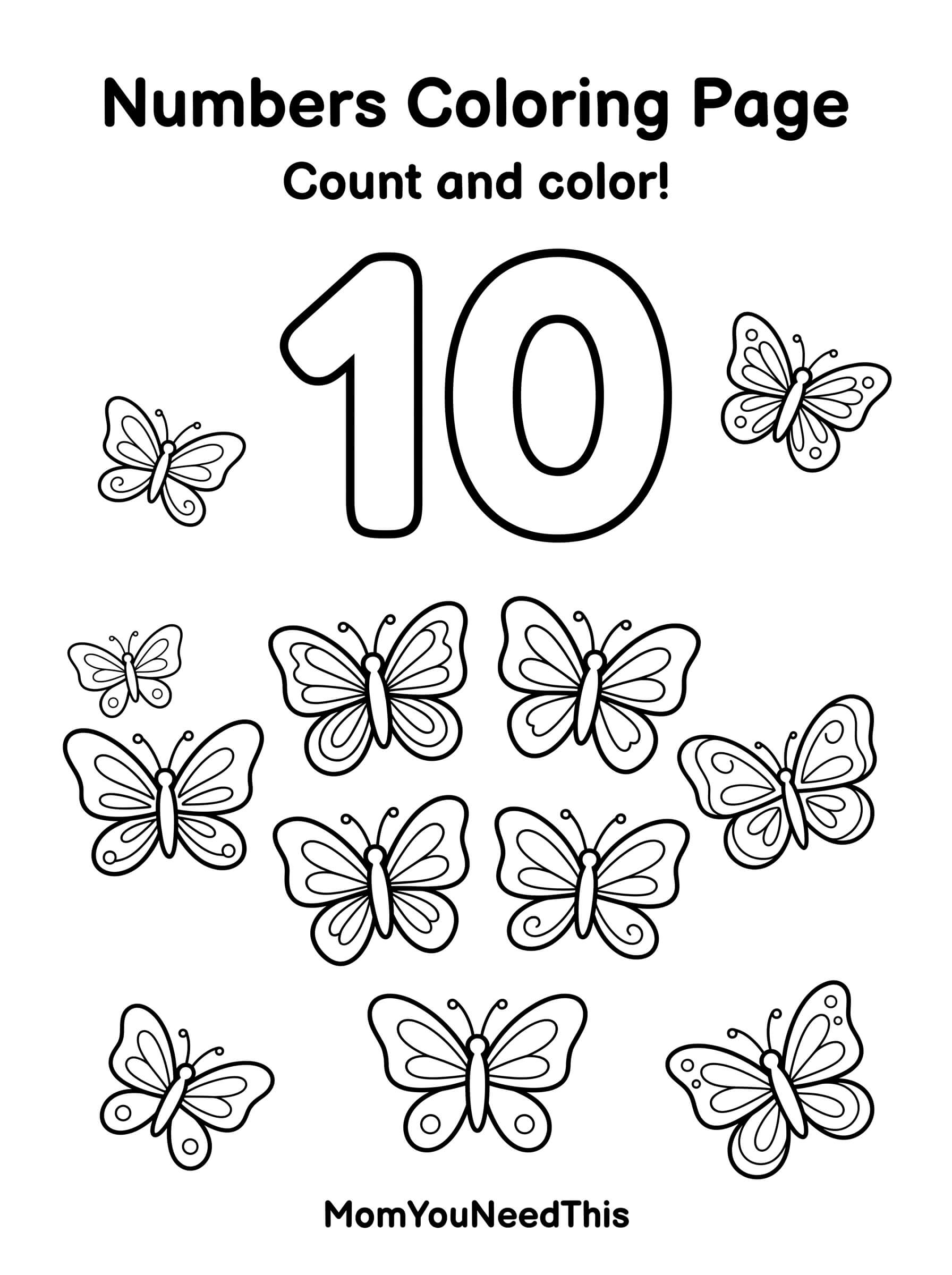 Free printable number 10 coloring page for kids