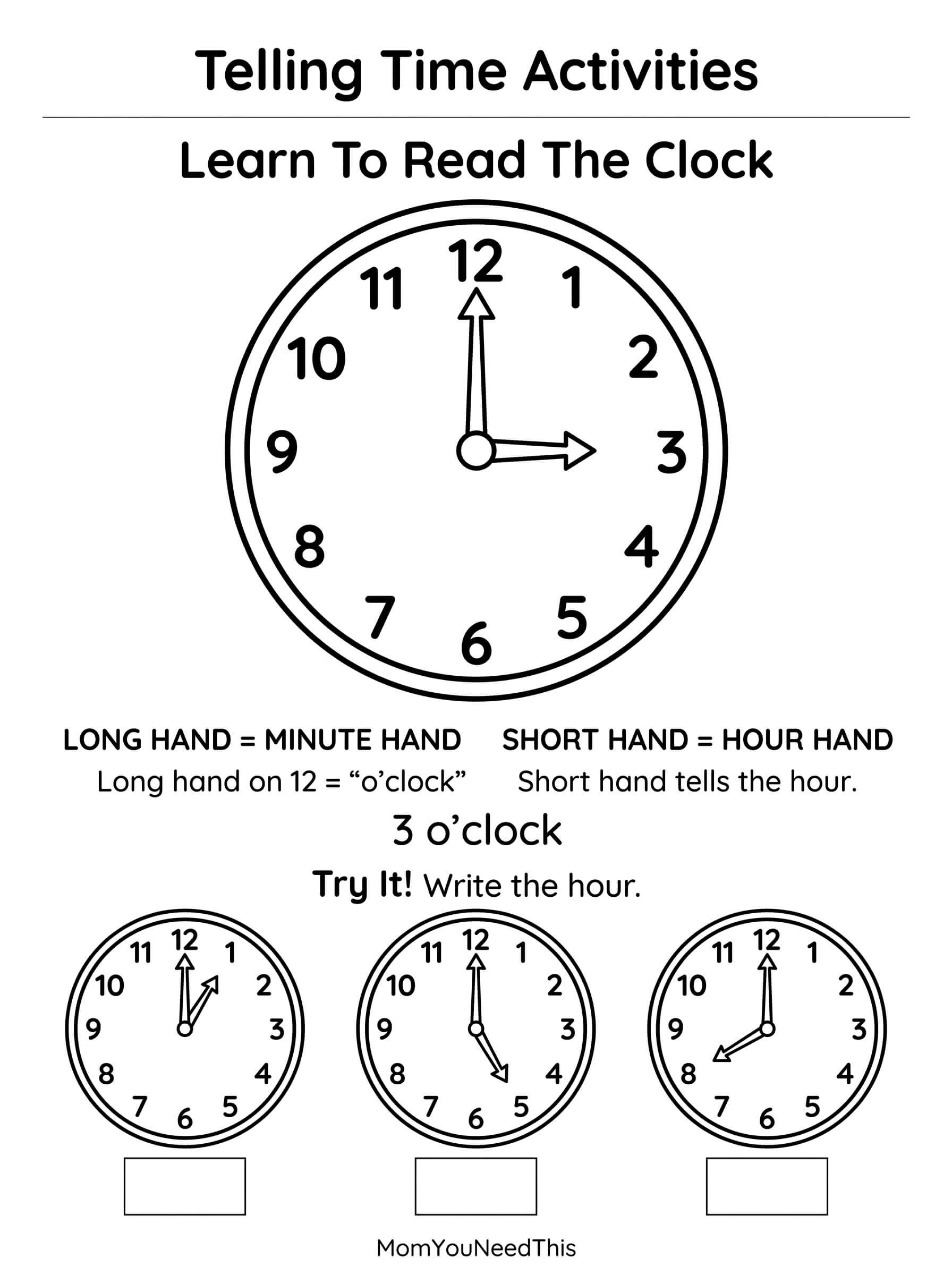 Free printable telling time o'clock activity for kids