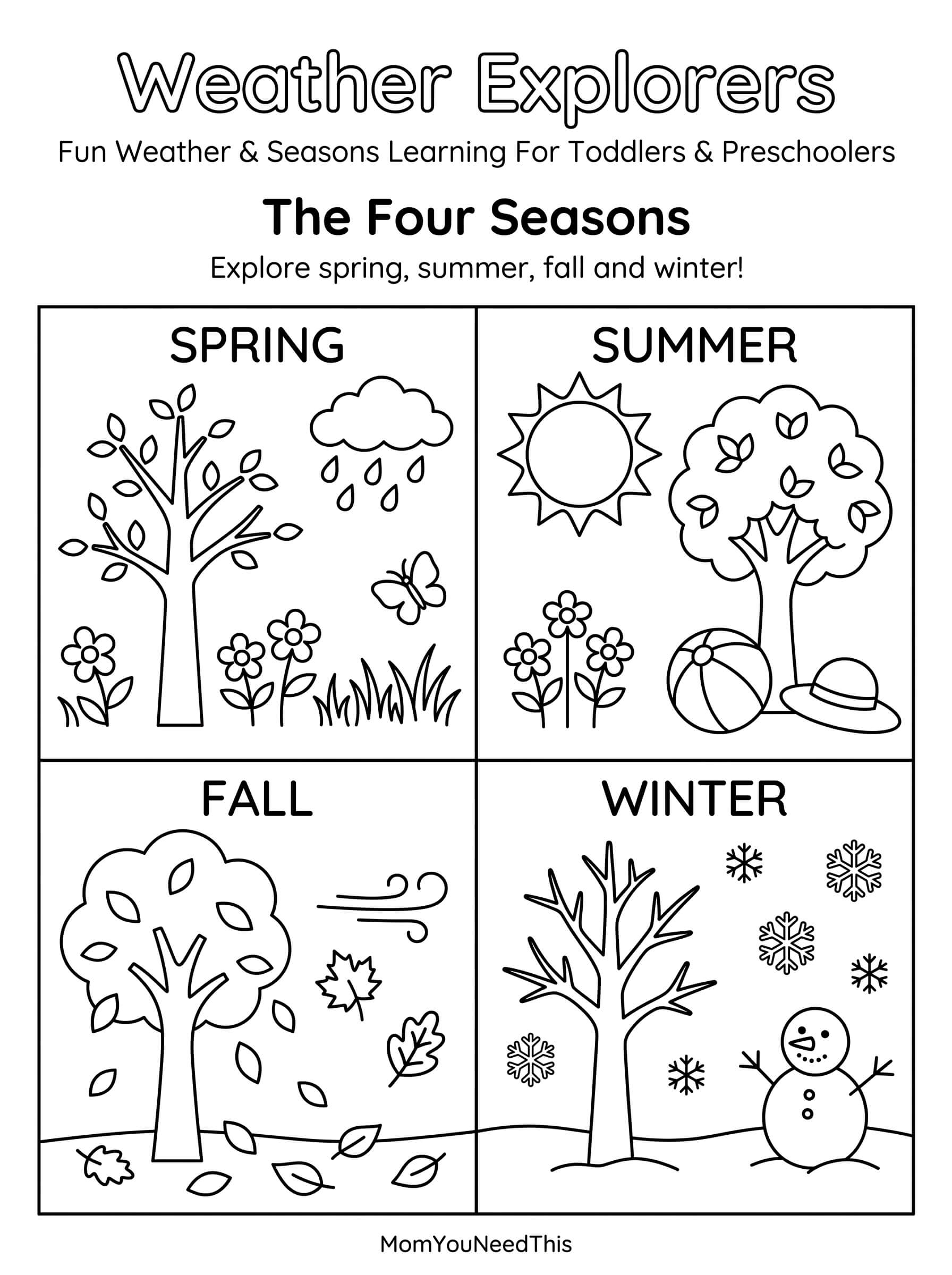 Free printable weather and seasons worksheet for kids